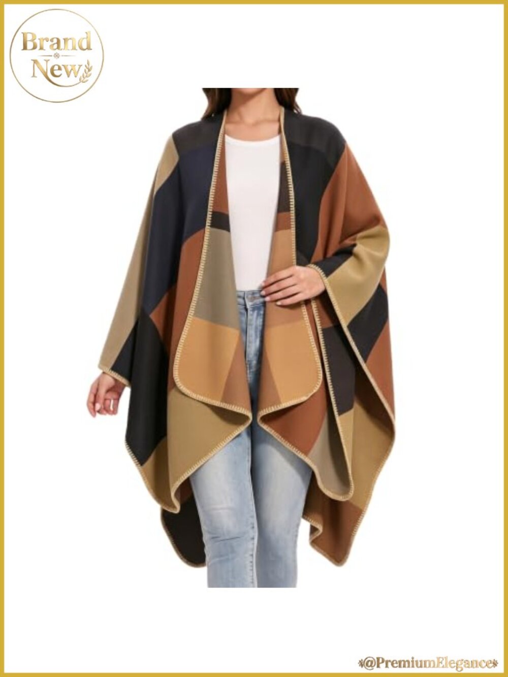 Plaid Shawl Wrap Open Front Poncho Cape Knitted Sweater Scarf Women One Size